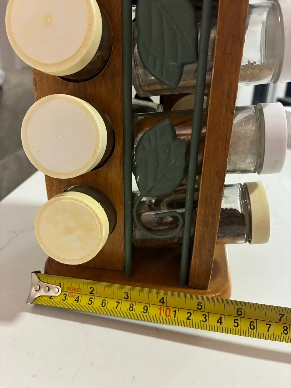 Vintage Wooden Rotating Spice Rack with Leaf Accents and White Lidded Jars